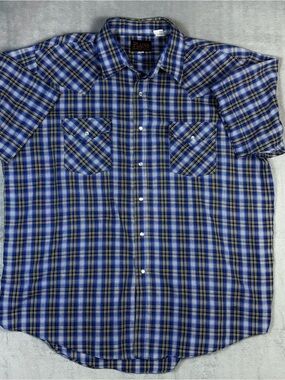 Plains Western Wear Plaid Pearl Snap Shirt XL Blue Short Sleeve America Cowboy